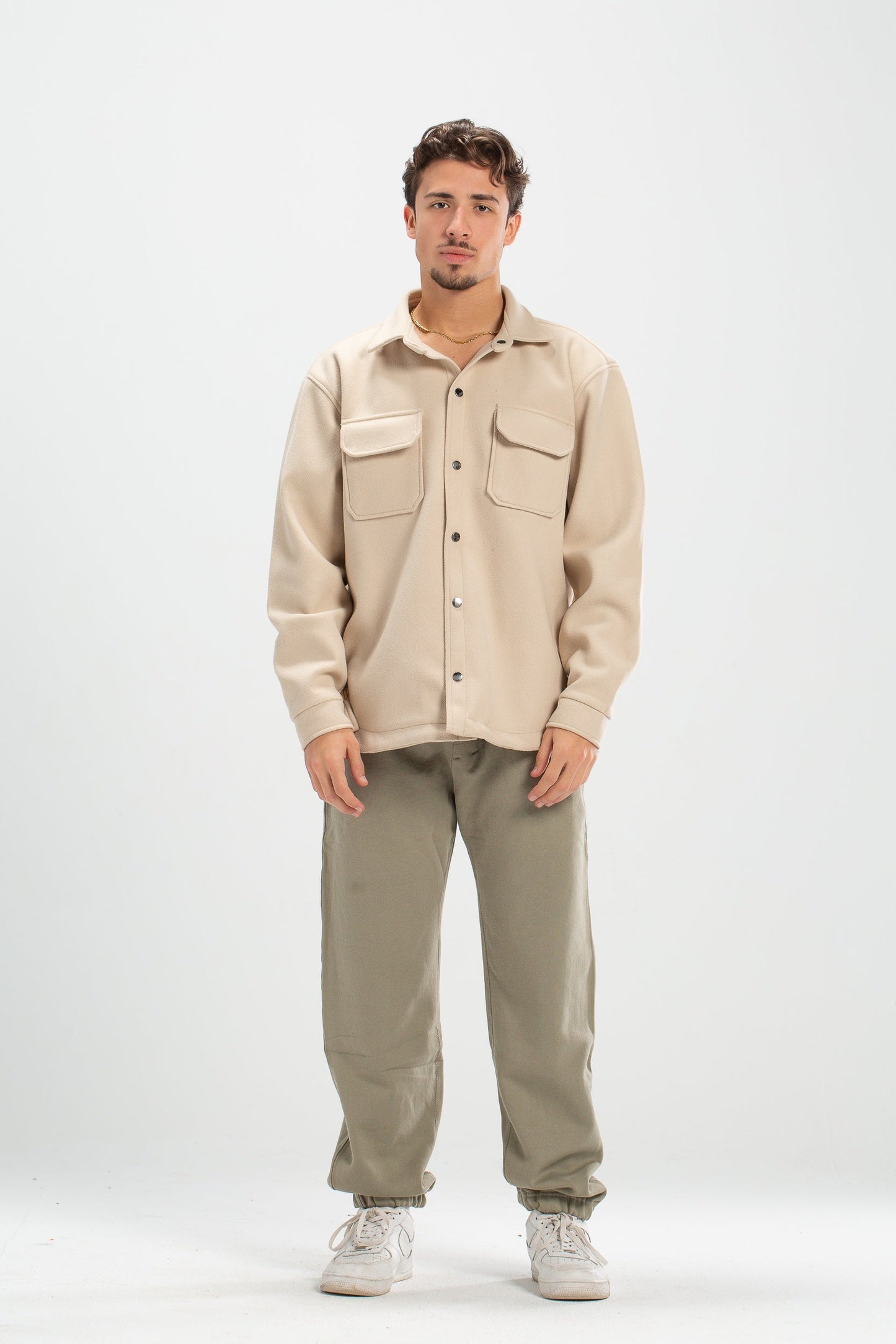 Beige oversized wool pocketed jacket