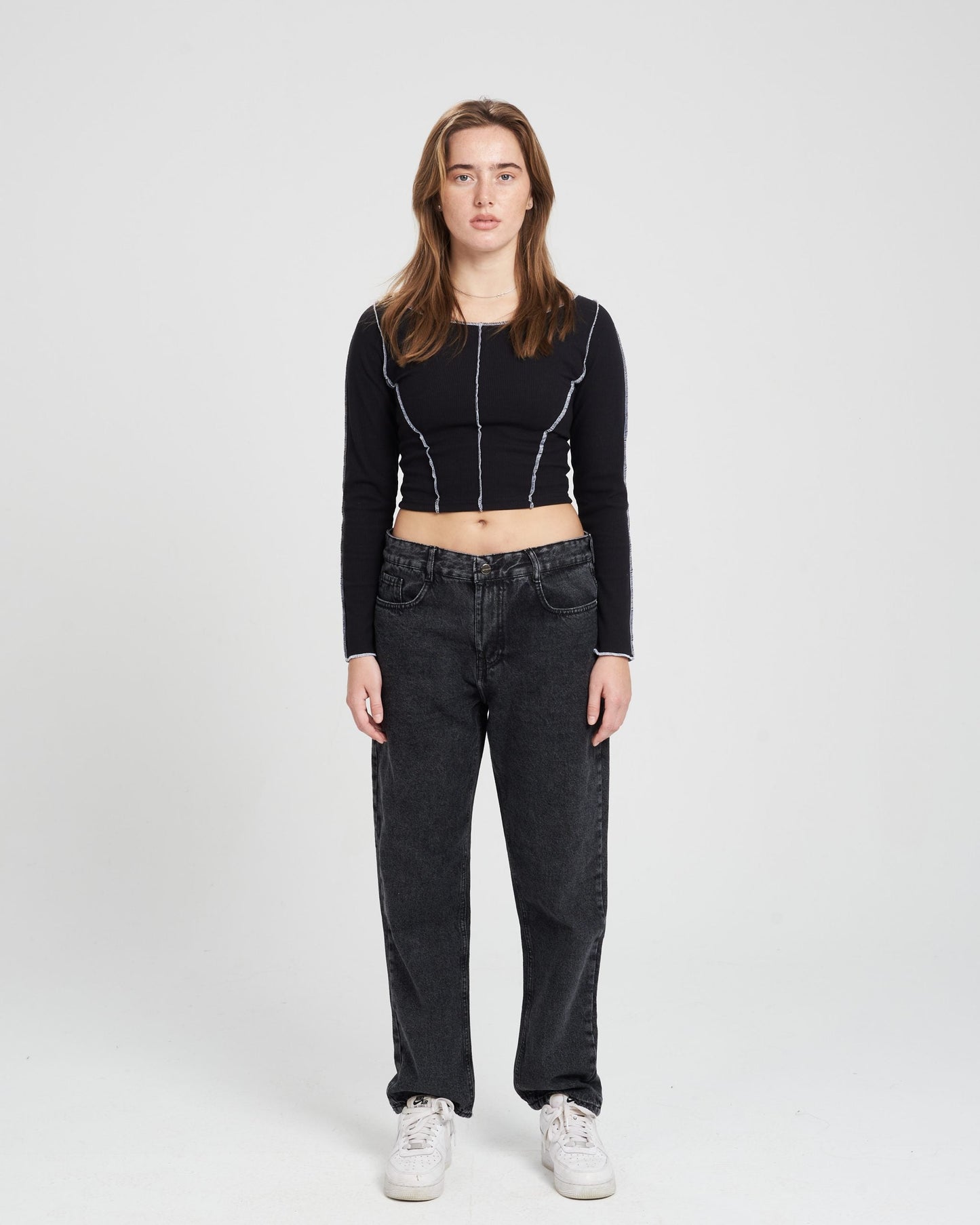 Black Long sleeves Stitched Crop Top