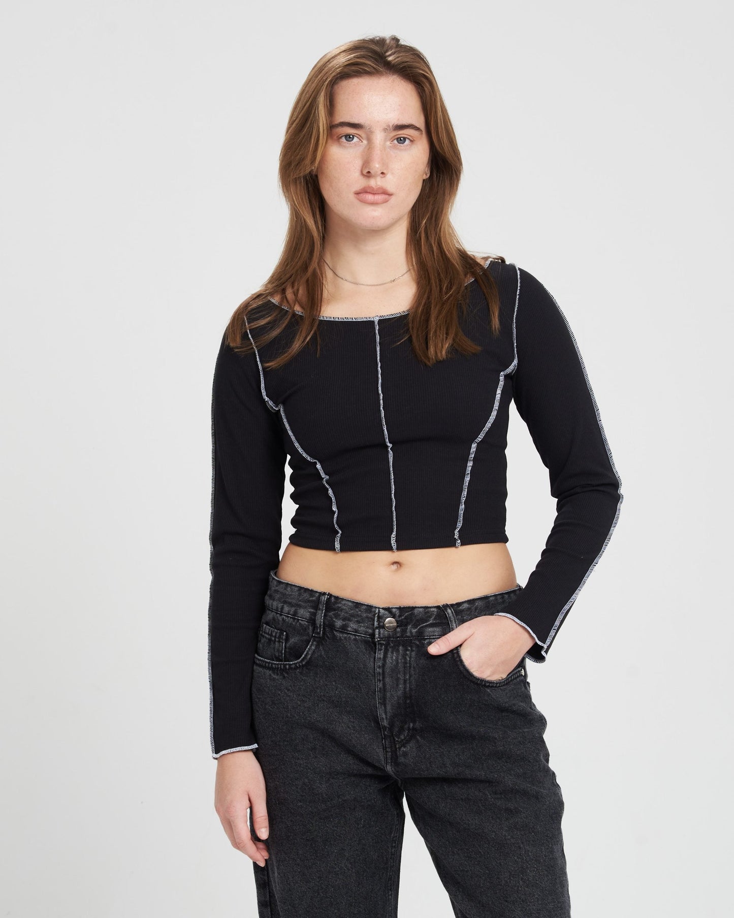 Black Long sleeves Stitched Crop Top