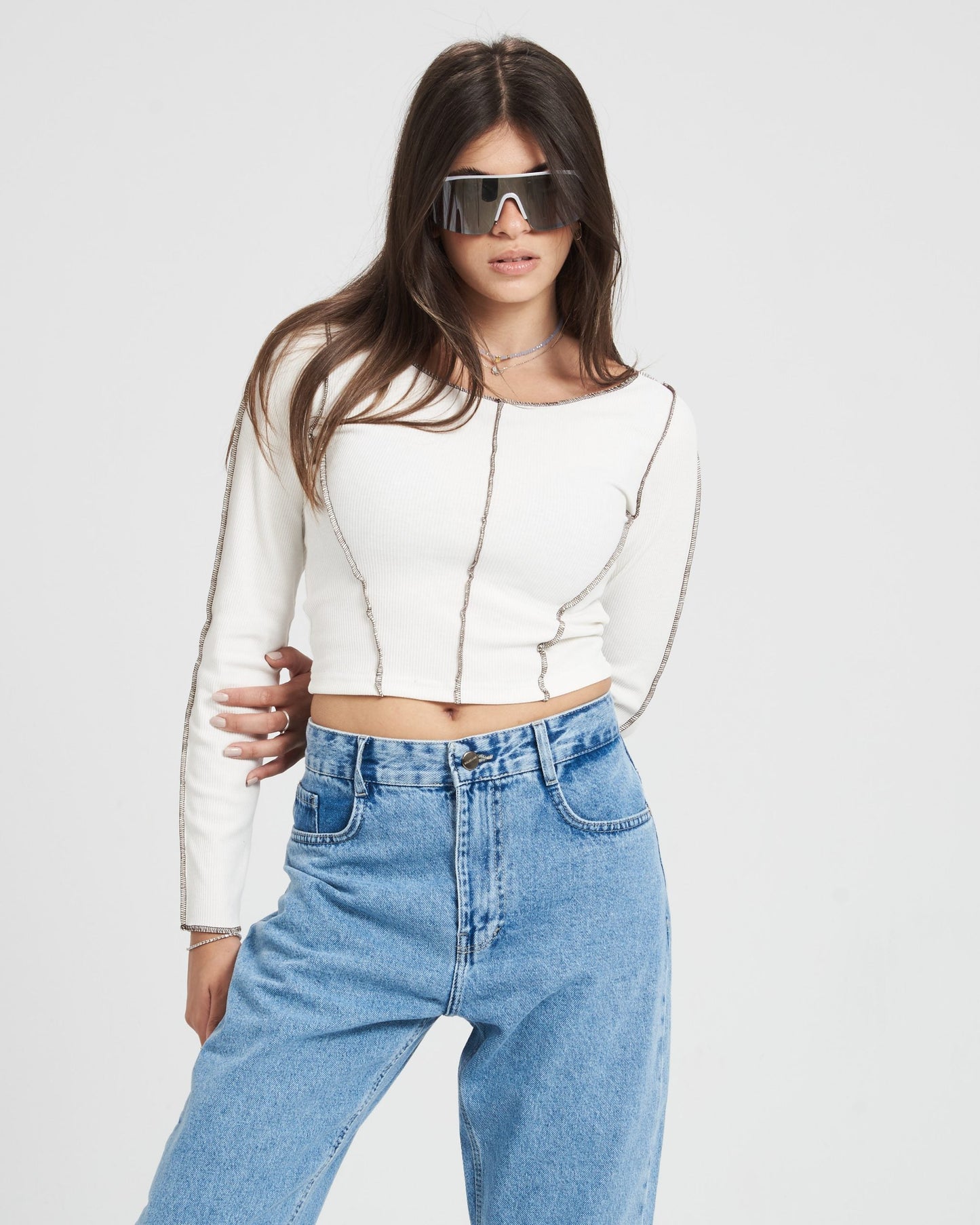 White Long sleeves Stitched Crop Top