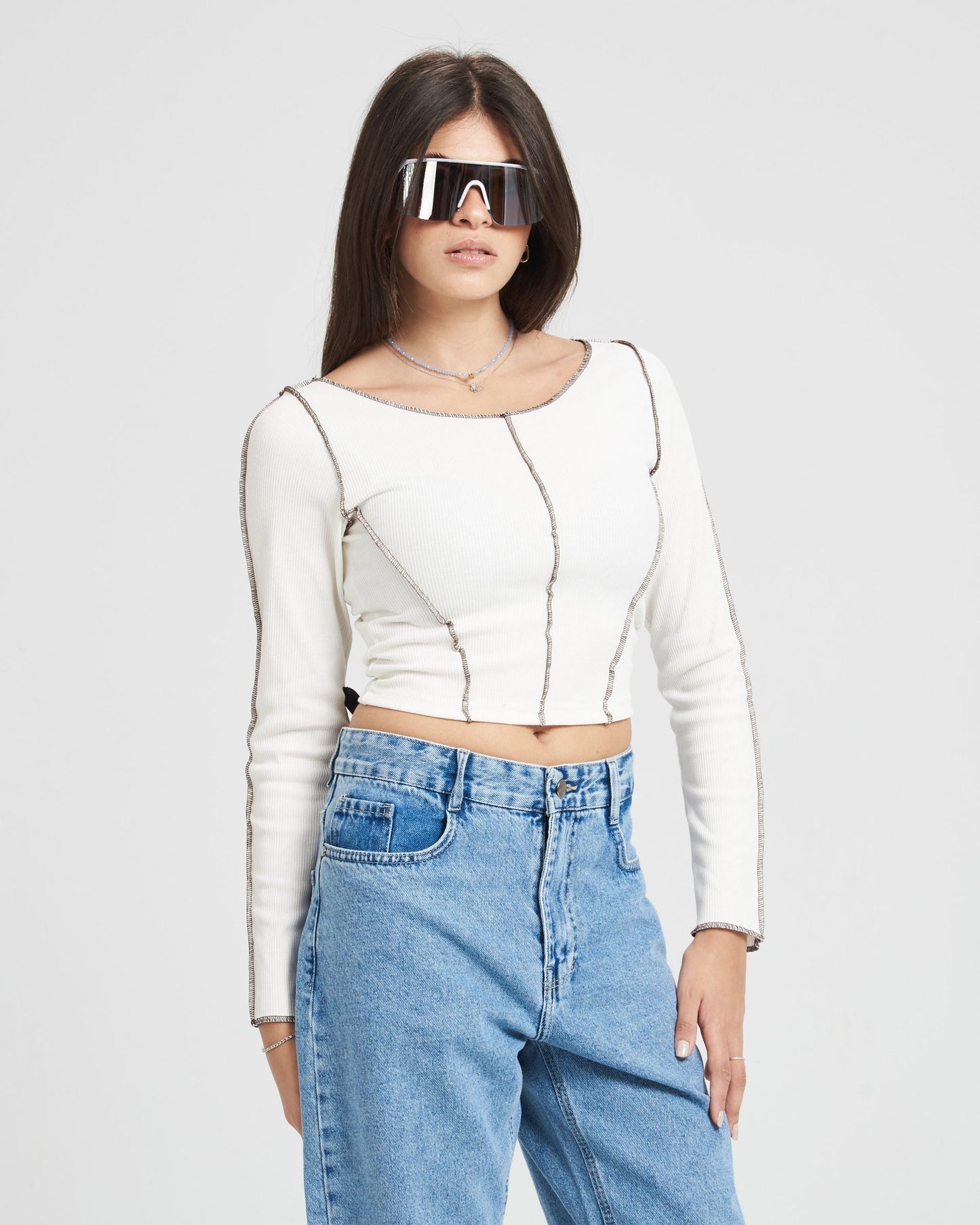 White Long sleeves Stitched Crop Top