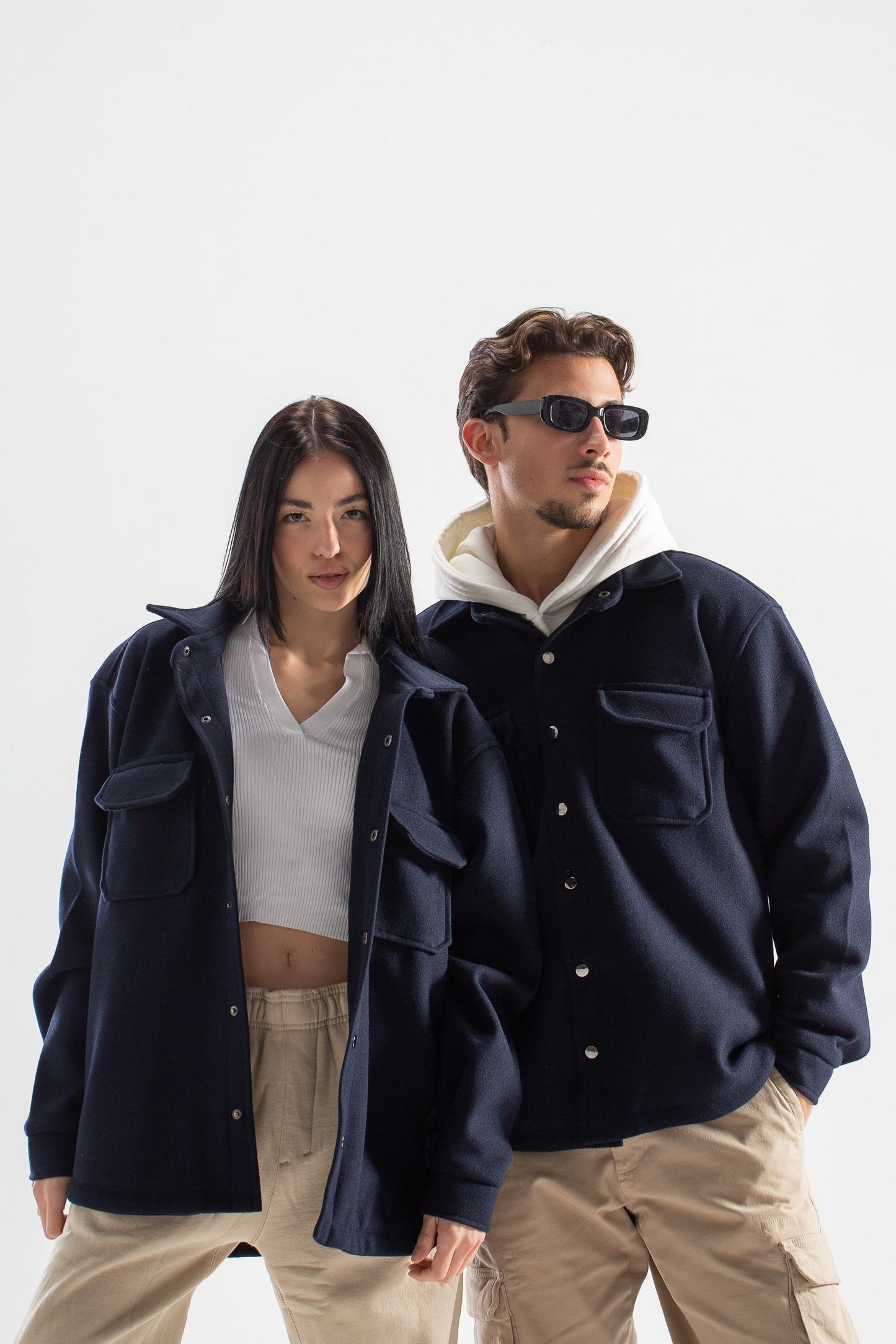 Dark blue oversized wool pocketed jackets